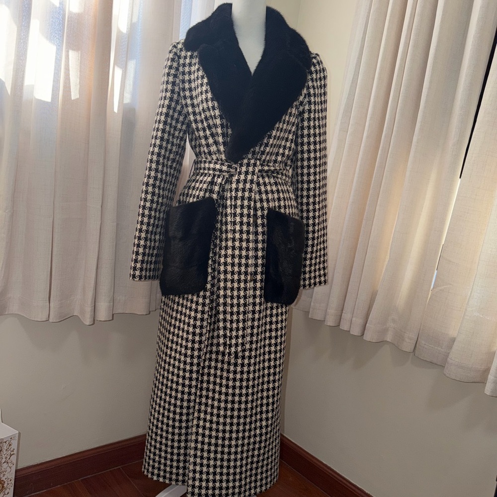 Black and White Coat with real fur collar and pockets